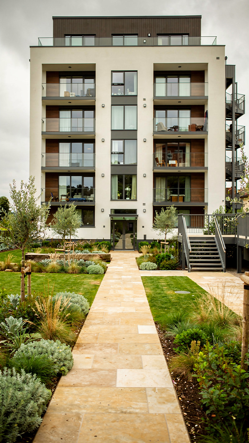 A modern apartment building entrance framed by an olive tree, box hedging and a paved garden path
