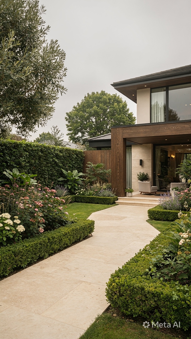 A contemporary home's paved garden path, framed by an olive tree and clipped box hedging