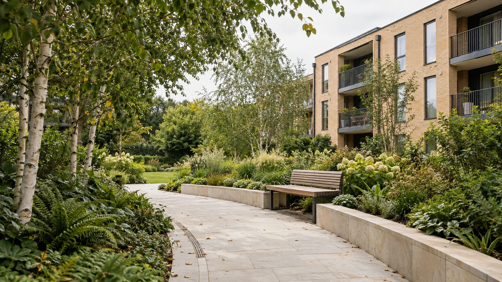 Communal landscape design inspiration with planting, stone paths and seating