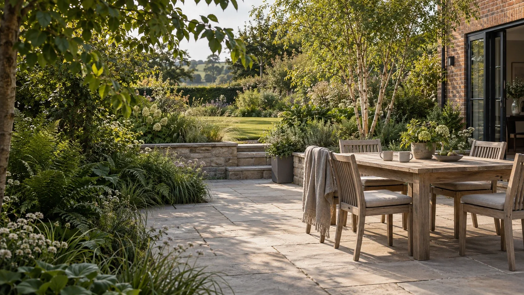 Garden design inspiration with an oak dining table, limestone and soft planting