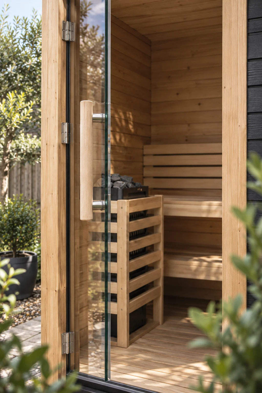 A considered garden sauna and outdoor wellness setting