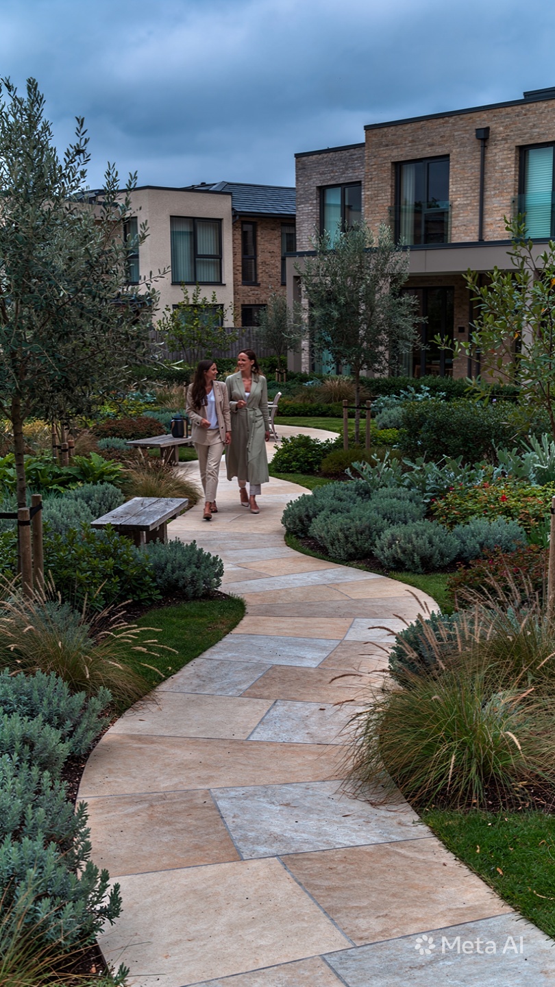 Two property professionals walking a landscaped path between managed residential buildings