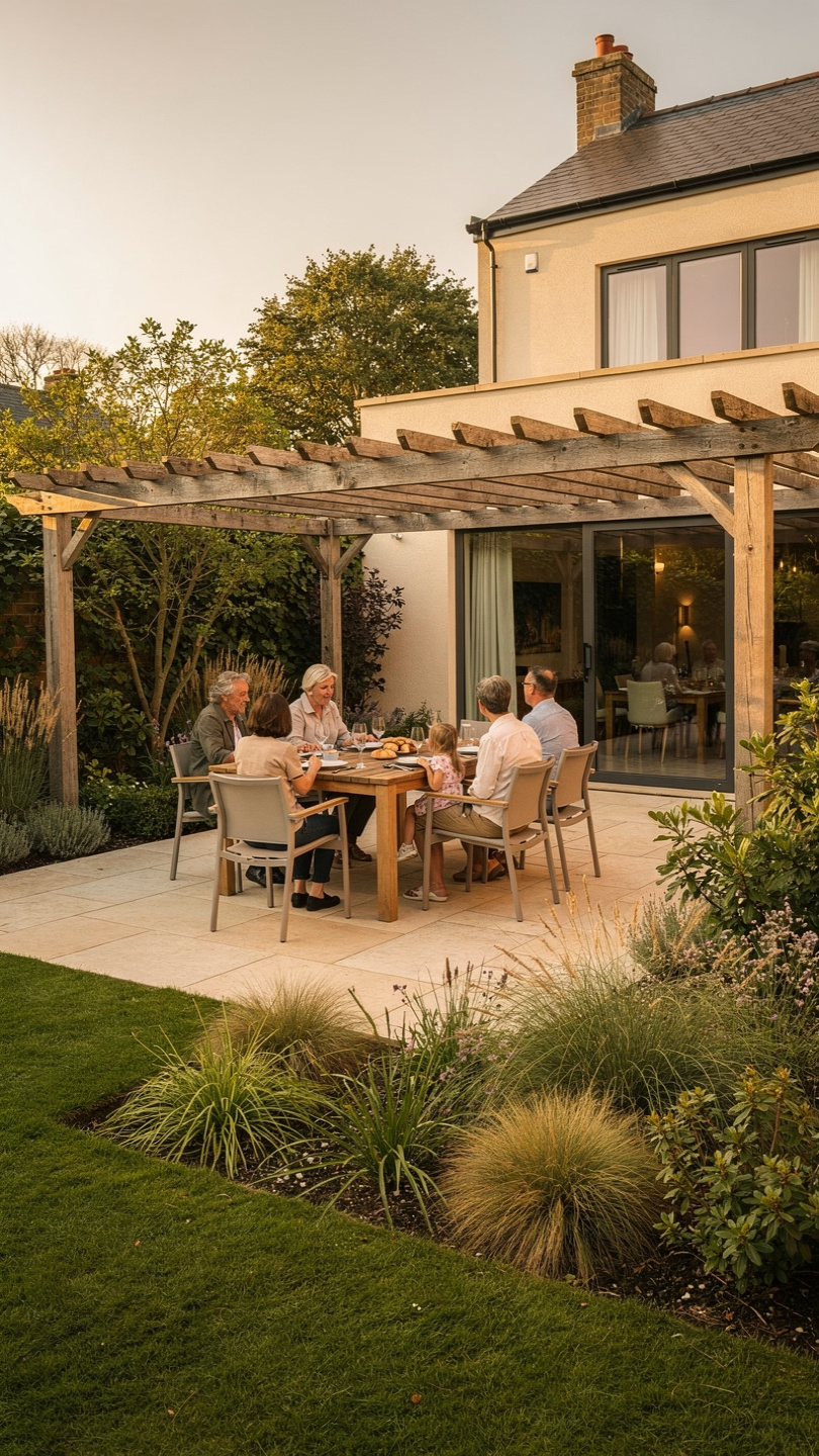 A family dining beneath a timber pergola beside the house at dusk