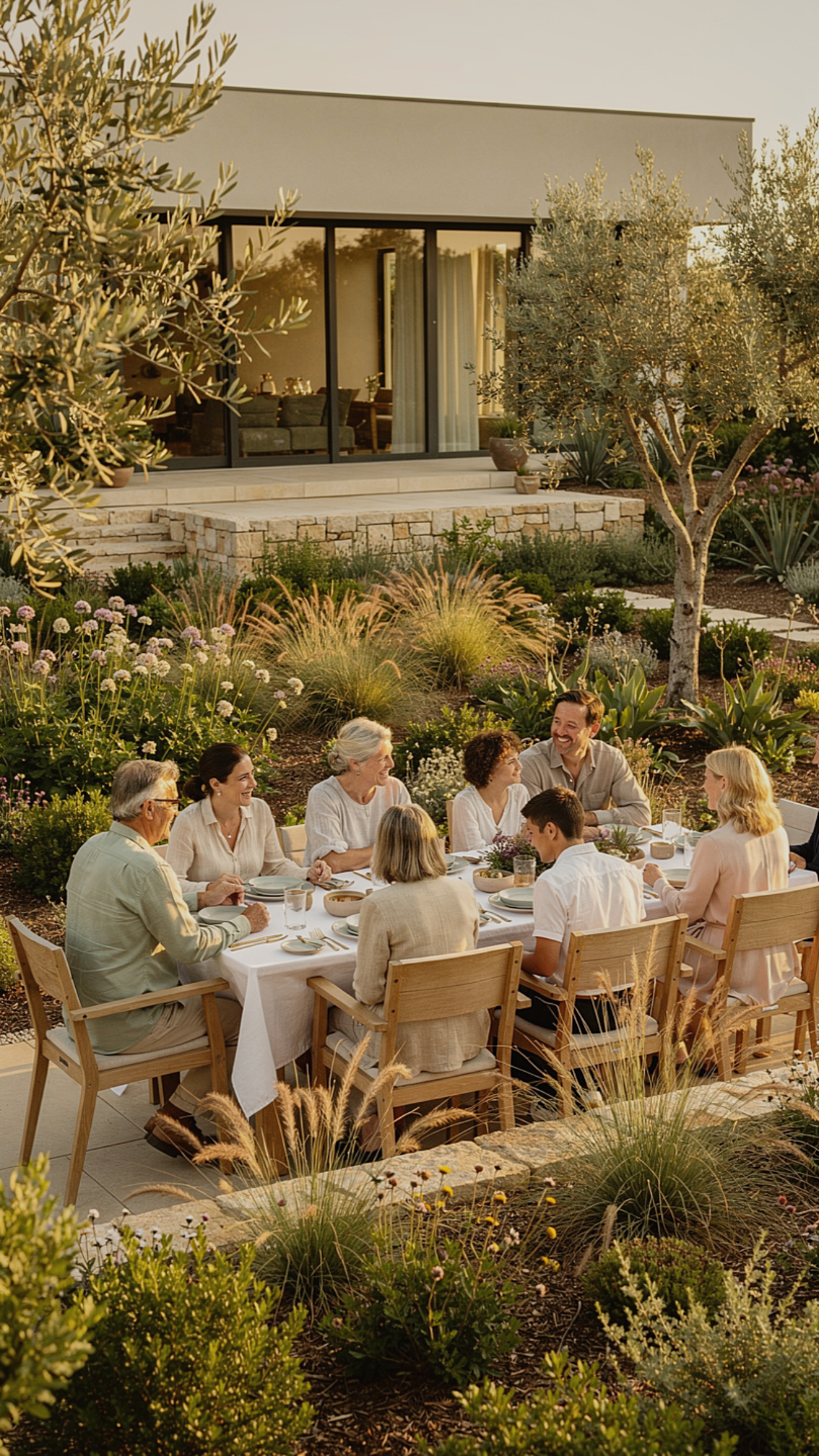 A family eating together at a long garden table at golden hour