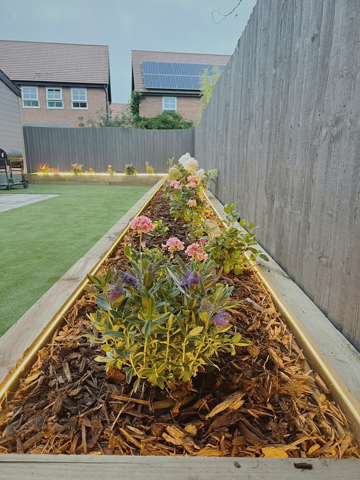 A raised timber planting bed with soft integrated lighting at dusk